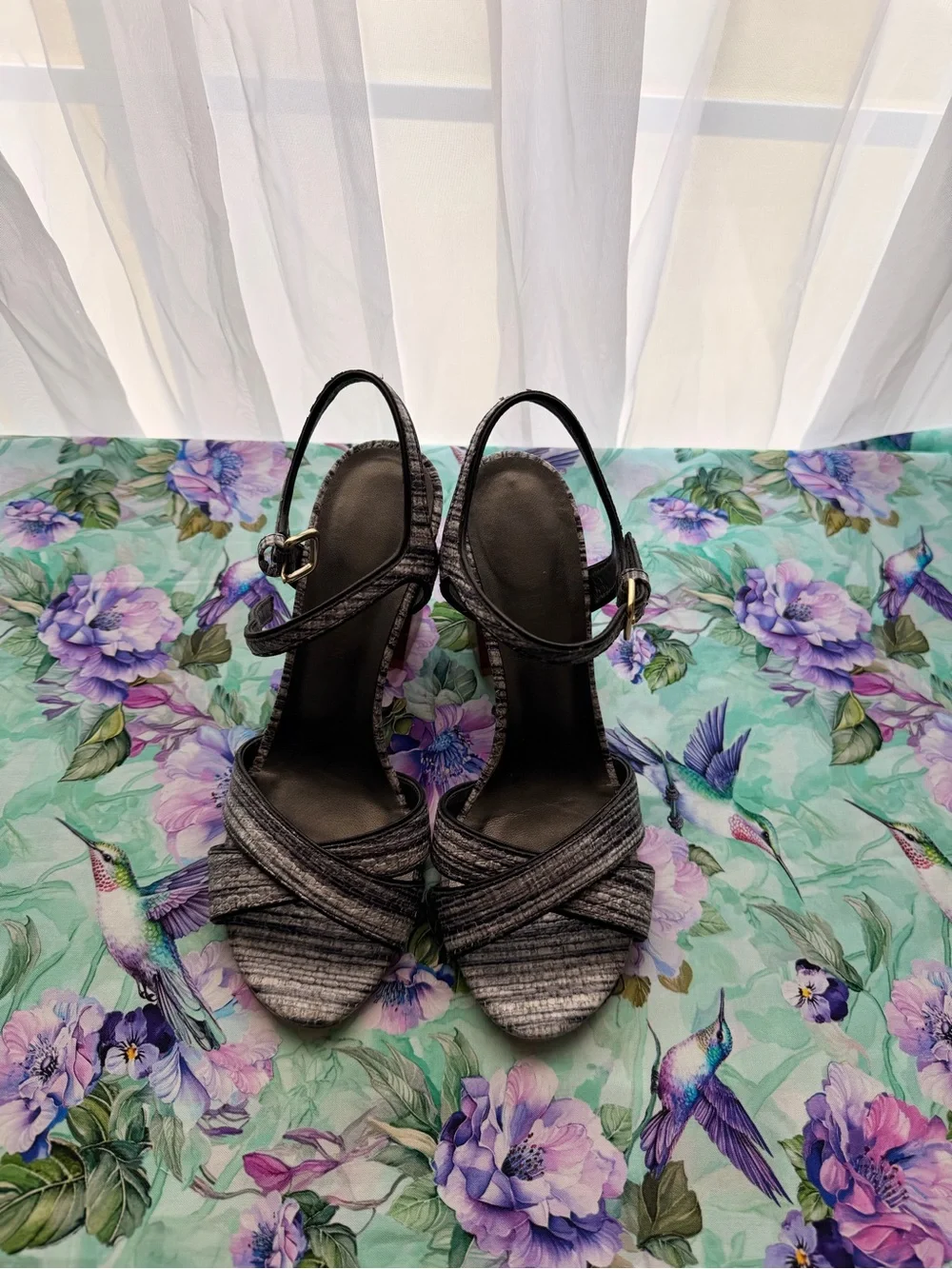 Stuart Weitzman Gray Textured Strappy Block Heel Sandals